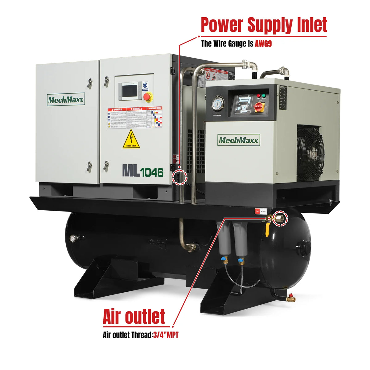 10HP Combined Rotary Screw Air Compressor with Dryer & 66-Gal ASME Tank | 32 CFM,  116 PSI,  460V 3-Phase - Industrial Grade