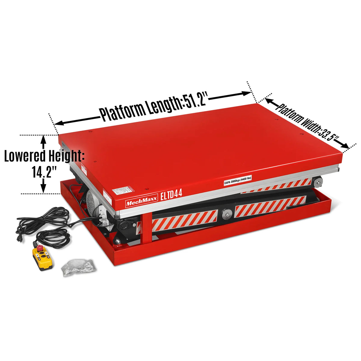 4400lbs Capacity Stationary Electric Hydraulic Double Scissor Lift Table,  51.2" x 33.5" Platform,  70.1" Lift Height,  UL Certified Motor,  ELTD44