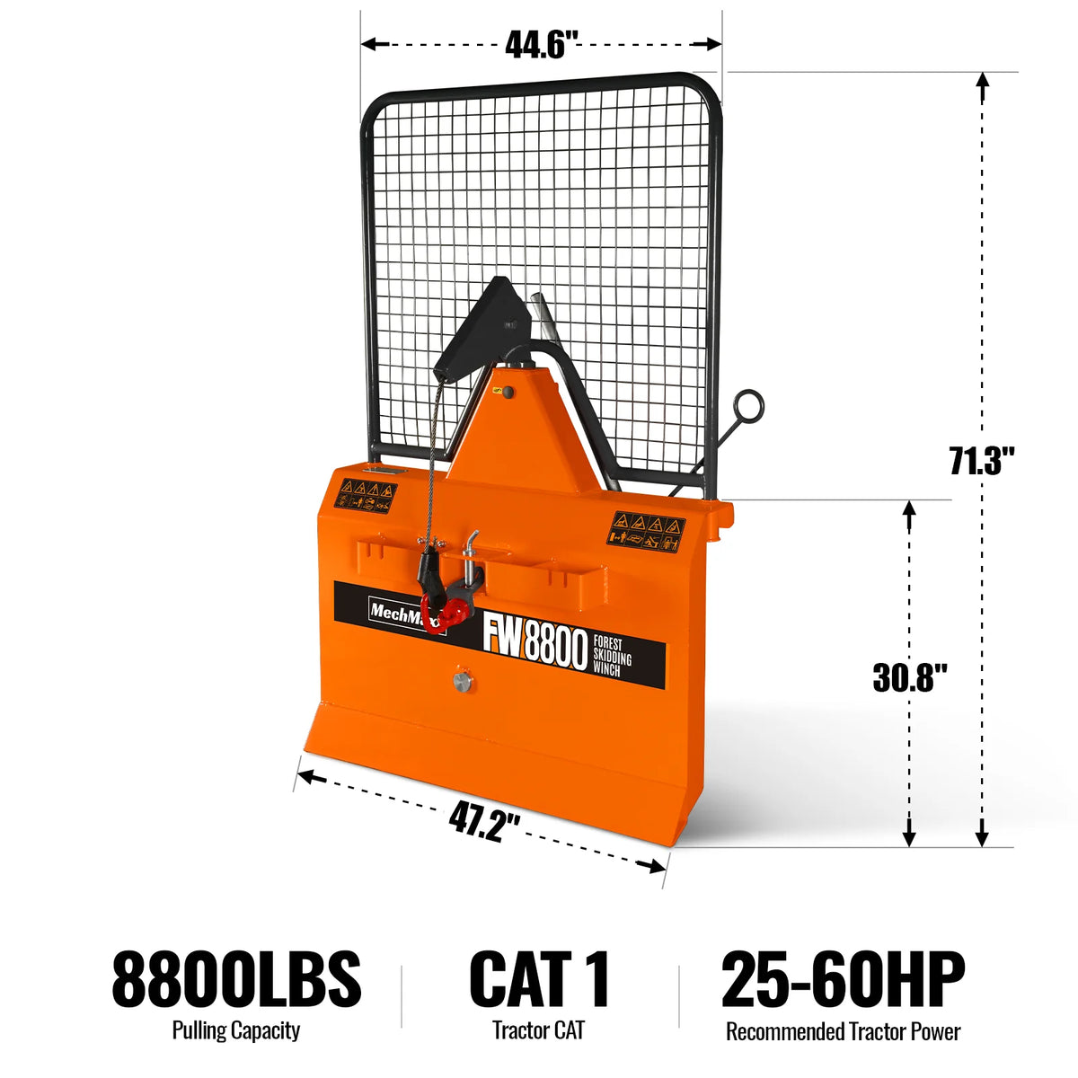 8800lbs 3-Point Hitch Forestry Log Skidding Winch,  200ft Cable Length,  25-60 HP Tractor,  Category 1 Hookup,  FW8800