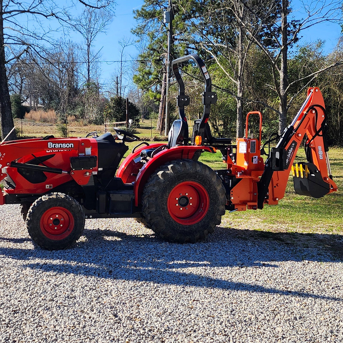 8' Tractor Backhoe Attachment with Mechanical Thumb,  15" Bucket,  ISO/SAE Switchable Controls,  Self-Contained Hydraulic System,  3 Point Hitch Cat.1 & 2,  20-100 HP,  BH760M