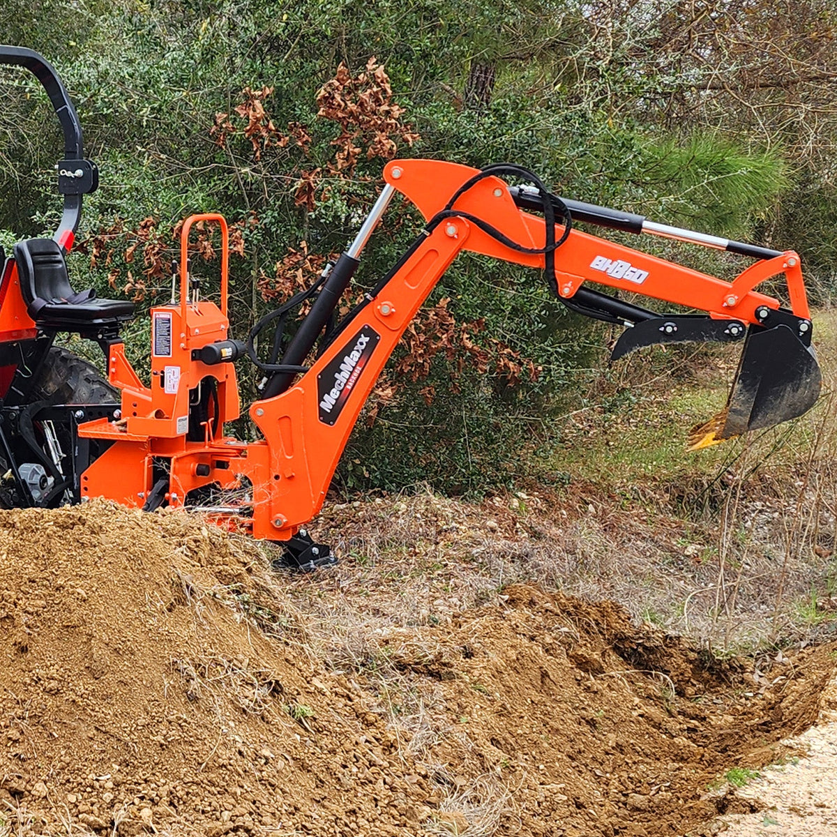 8' Tractor Backhoe Attachment with Mechanical Thumb,  15" Bucket,  ISO/SAE Switchable Controls,  Self-Contained Hydraulic System,  3 Point Hitch Cat.1 & 2,  20-100 HP,  BH760M