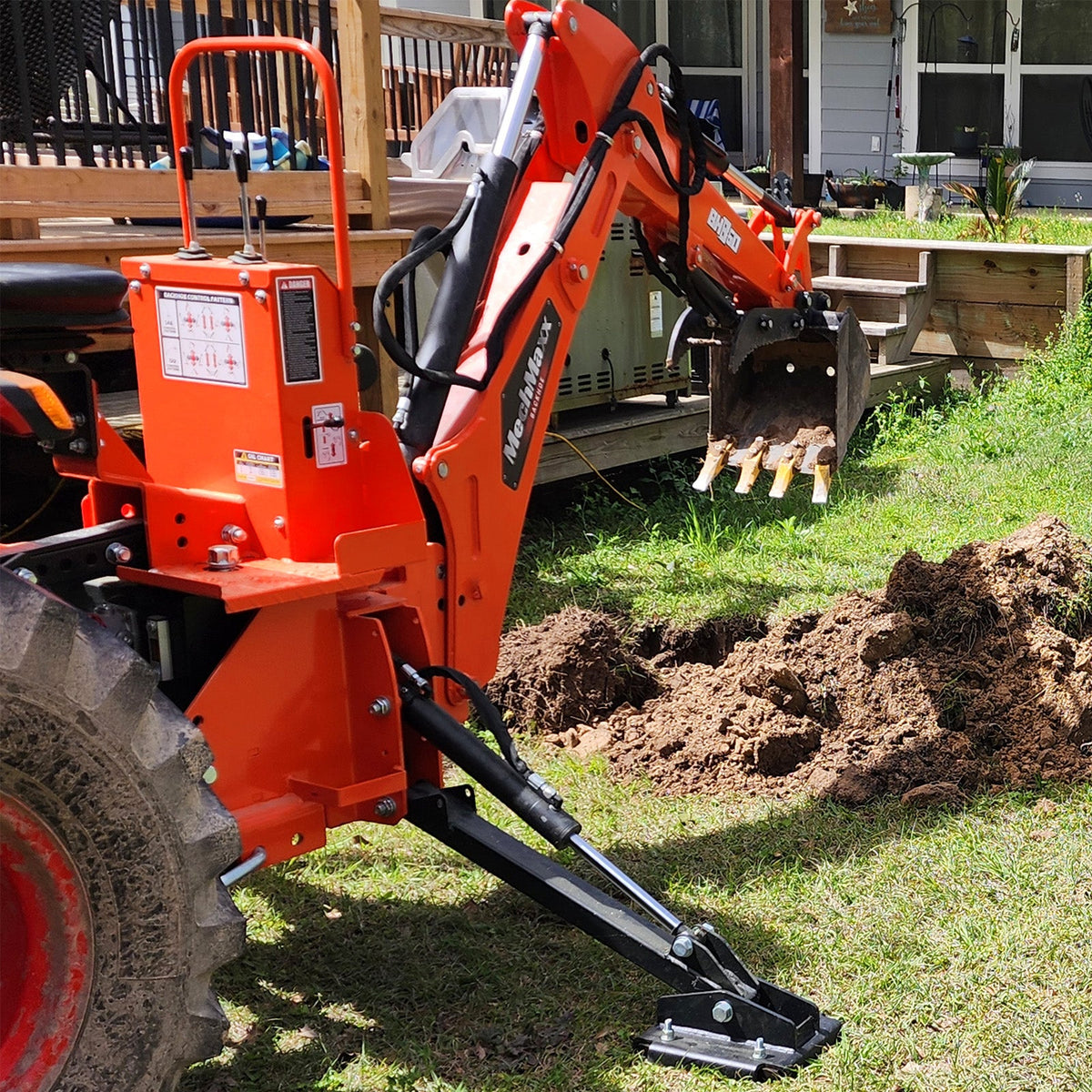 8' Tractor Backhoe Attachment with Mechanical Thumb,  15" Bucket,  ISO/SAE Switchable Controls,  Self-Contained Hydraulic System,  3 Point Hitch Cat.1 & 2,  20-100 HP,  BH760M