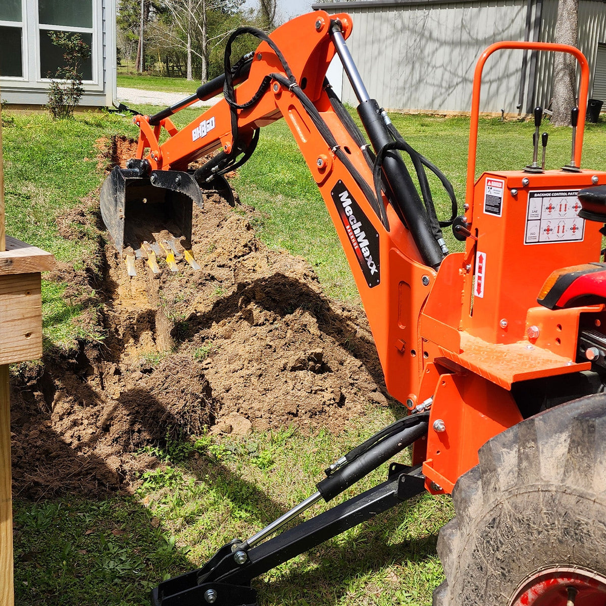 8' Tractor Backhoe Attachment with Mechanical Thumb,  15" Bucket,  ISO/SAE Switchable Controls,  Self-Contained Hydraulic System,  3 Point Hitch Cat.1 & 2,  20-100 HP,  BH760M