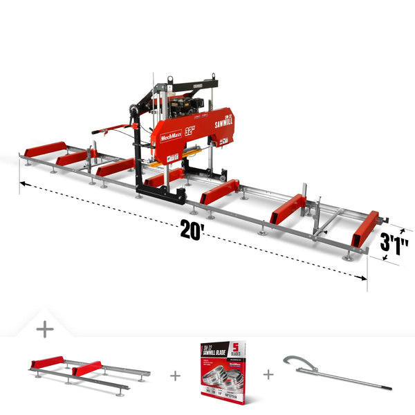 32" Portable Sawmill (5 x Blades Included),  420cc 13.4HP E-Start Gasoline Engine,  26.5" Board Width,  20' Track Length (13' Track Length + 6.4' Track Extension Included) ,  SM-32